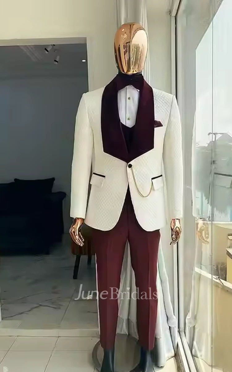 Modern Burgundy Ivory 3-Piece Suit Velvet Shawl Lapel Wedding Tuxedo Blazer Jacket Vest Pants