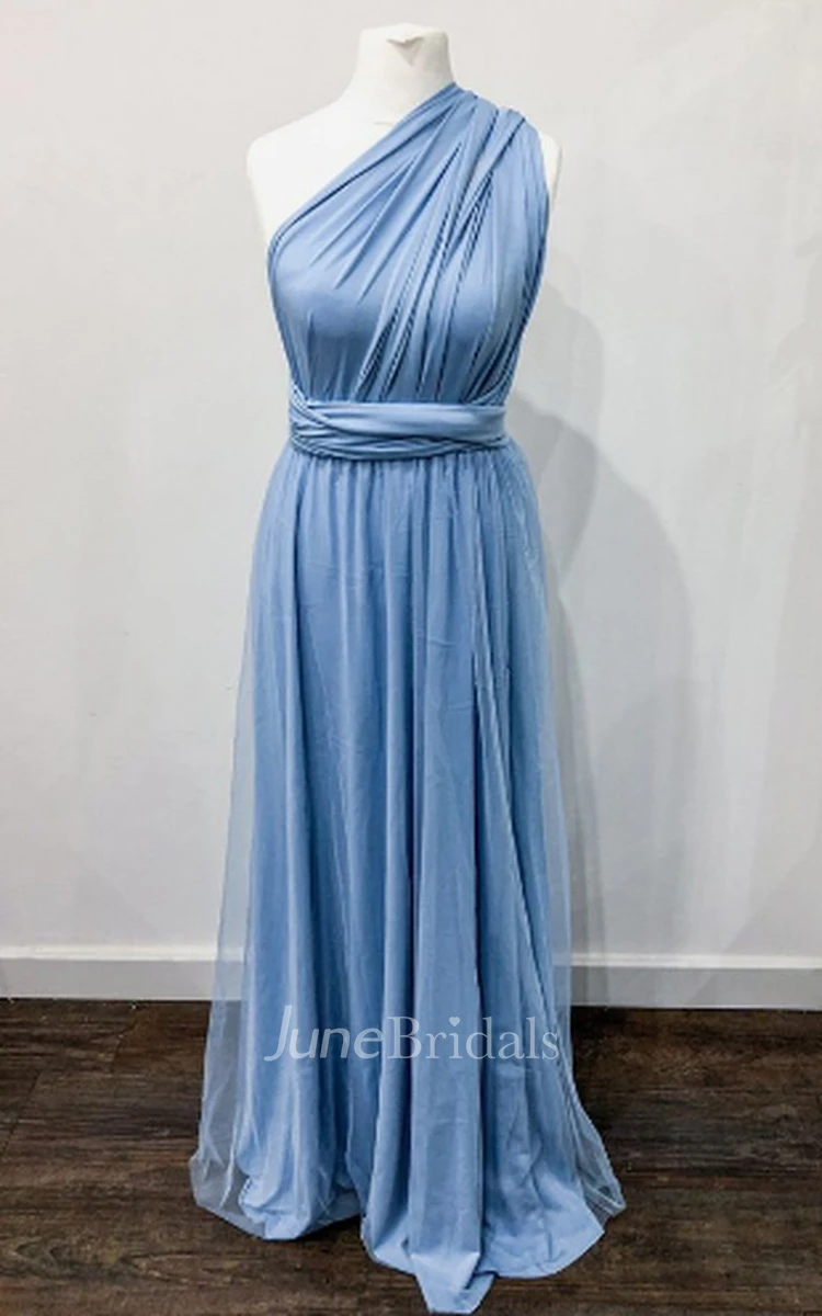 Ethereal A Line Convertible Straps One-shoulder Tulle Bridesmaid Dress With Open Back And Sash