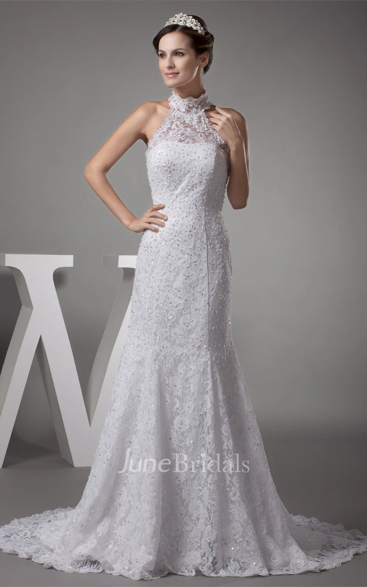 Graceful High-Neck Backless A-Line Dress with Beading and Appliques
