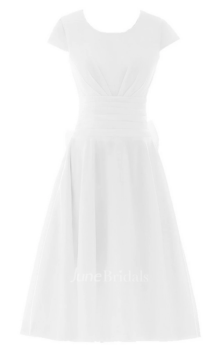 Scoop-neck Short-sleeve Fuffle A-line Bridal Dress