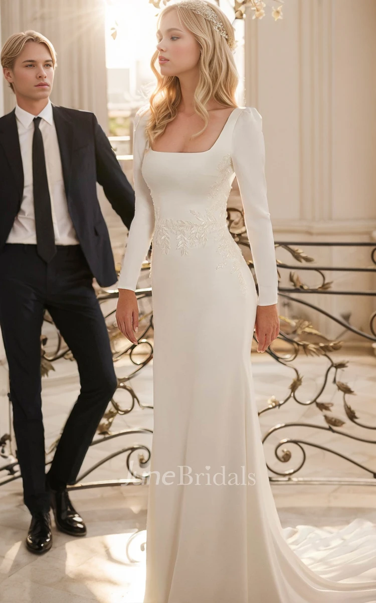 Vintage Elegant Mermaid Square Neck Jersey Wedding Dress Simple Solid Lace Appliques Long Sleeve Floor-length Button Back Court Bridal Gown