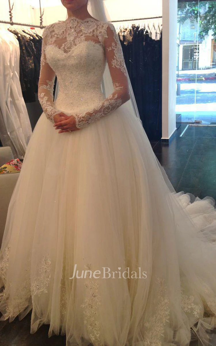 A Line Short Sleeve High Neck Tulle Appliques Wedding Dress A Line Short Sleeve High Neck Tulle Appliques Wedding Dress