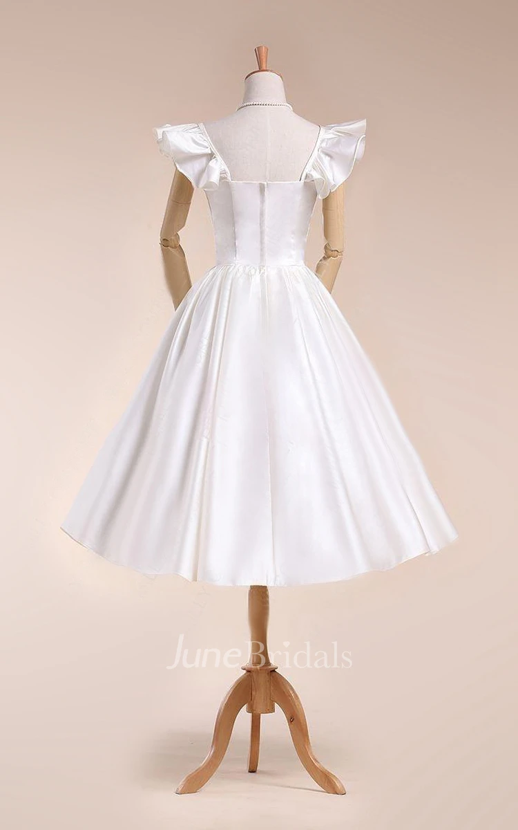 Scalloped Tea-Length Satin Wedding Dress With Pleats And Bell Sleeve