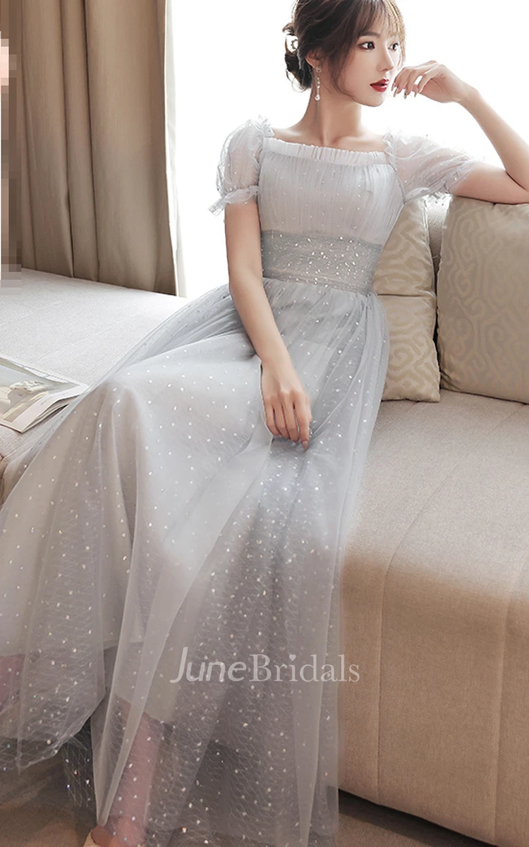 Simple Tulle Off-the-shoulder Square V-neck A Line Evening Formal Dress With Ruching
