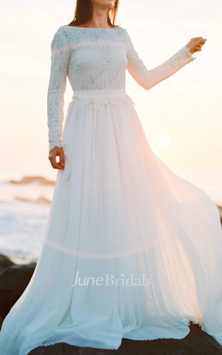 Simple Lace and Chiffon Bateau A Line Sweep Train Wedding Dress with Ruching