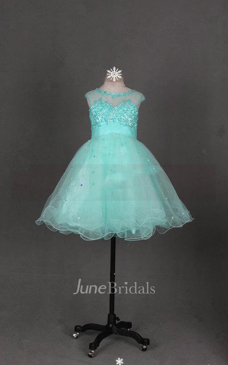 Cap Sleeve Jewel Neck Tulle Dress With Beadings and Illusion