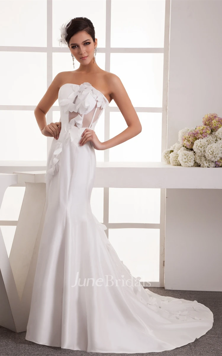 Strapless Satin Mermaid Gown with Illusion and Flower