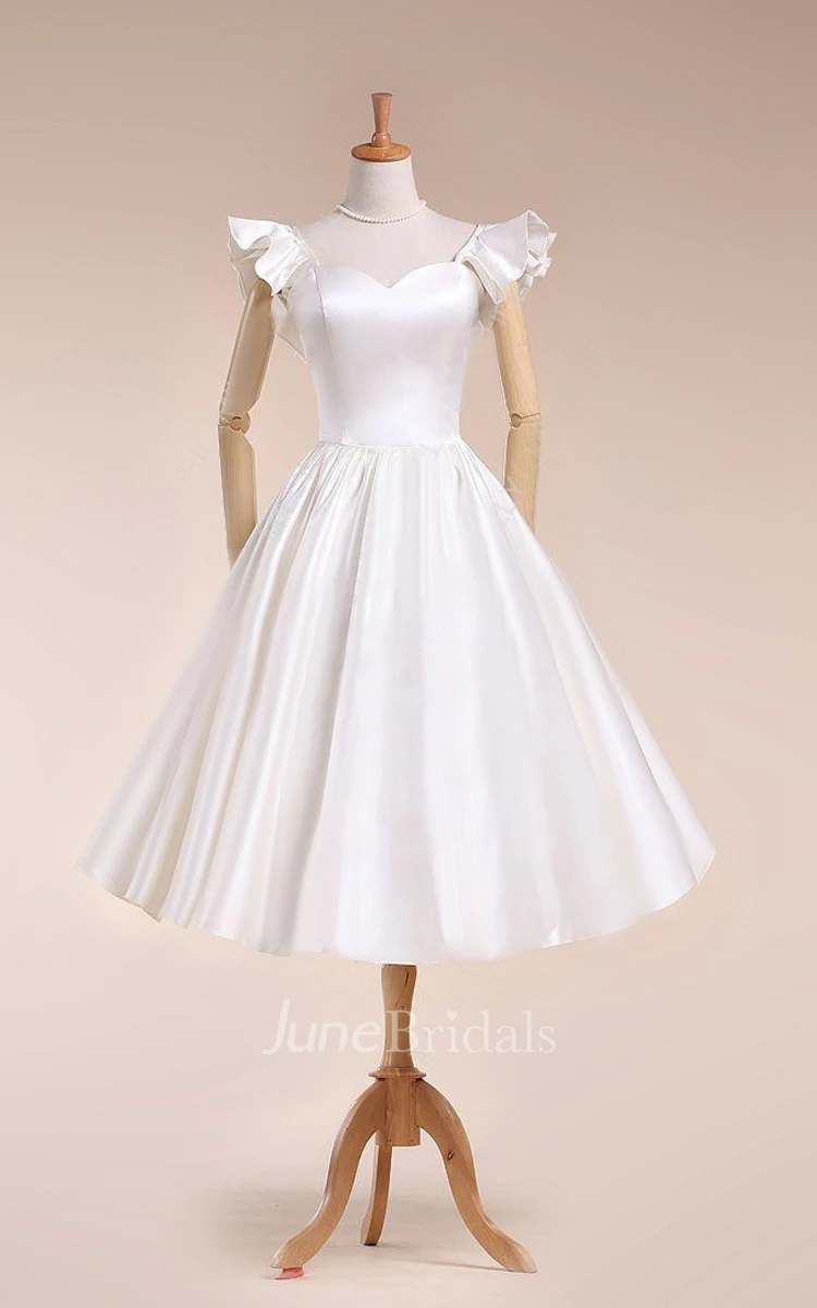 Scalloped Tea-Length Satin Wedding Dress With Pleats And Bell Sleeve