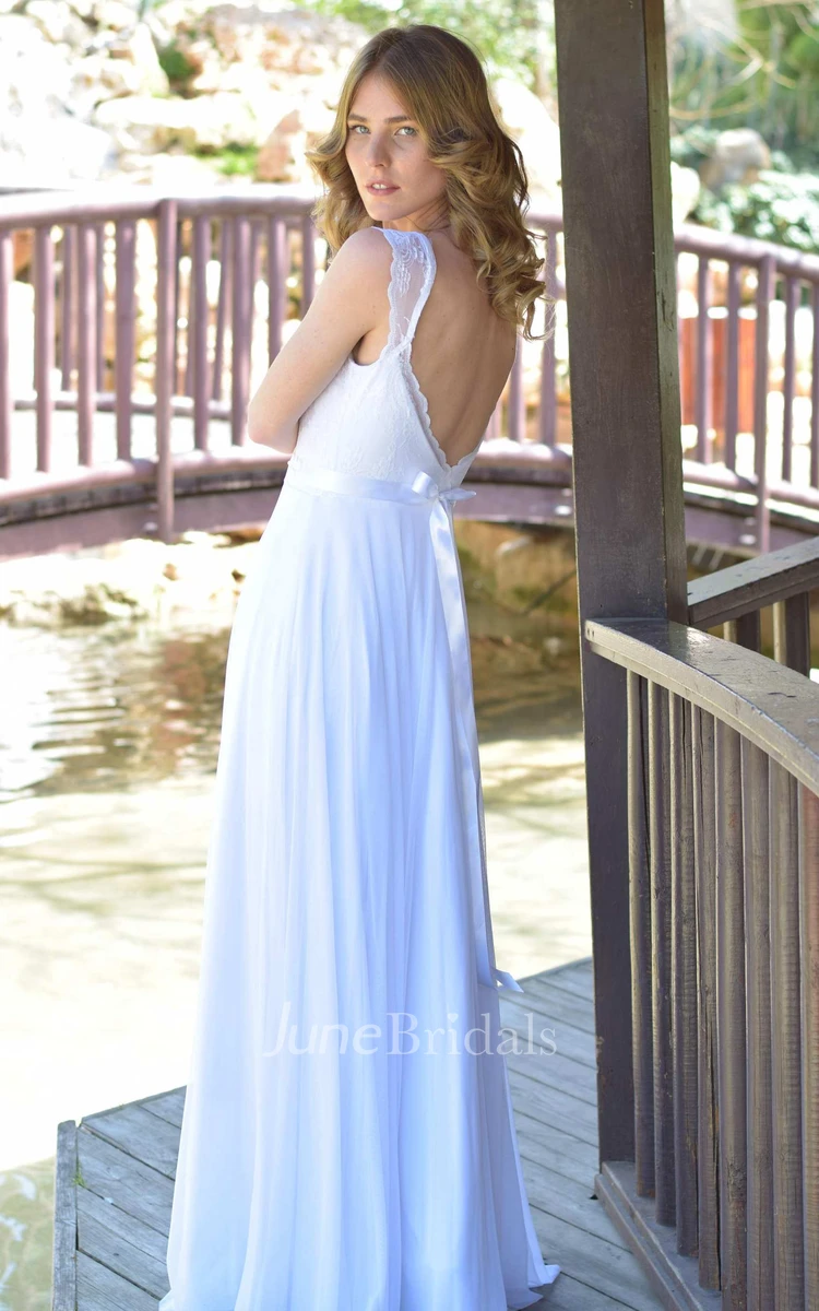 Deep-V-Neck Cap-Sleeve Chiffon Lace Chiffon Floor-Length Wedding Dress