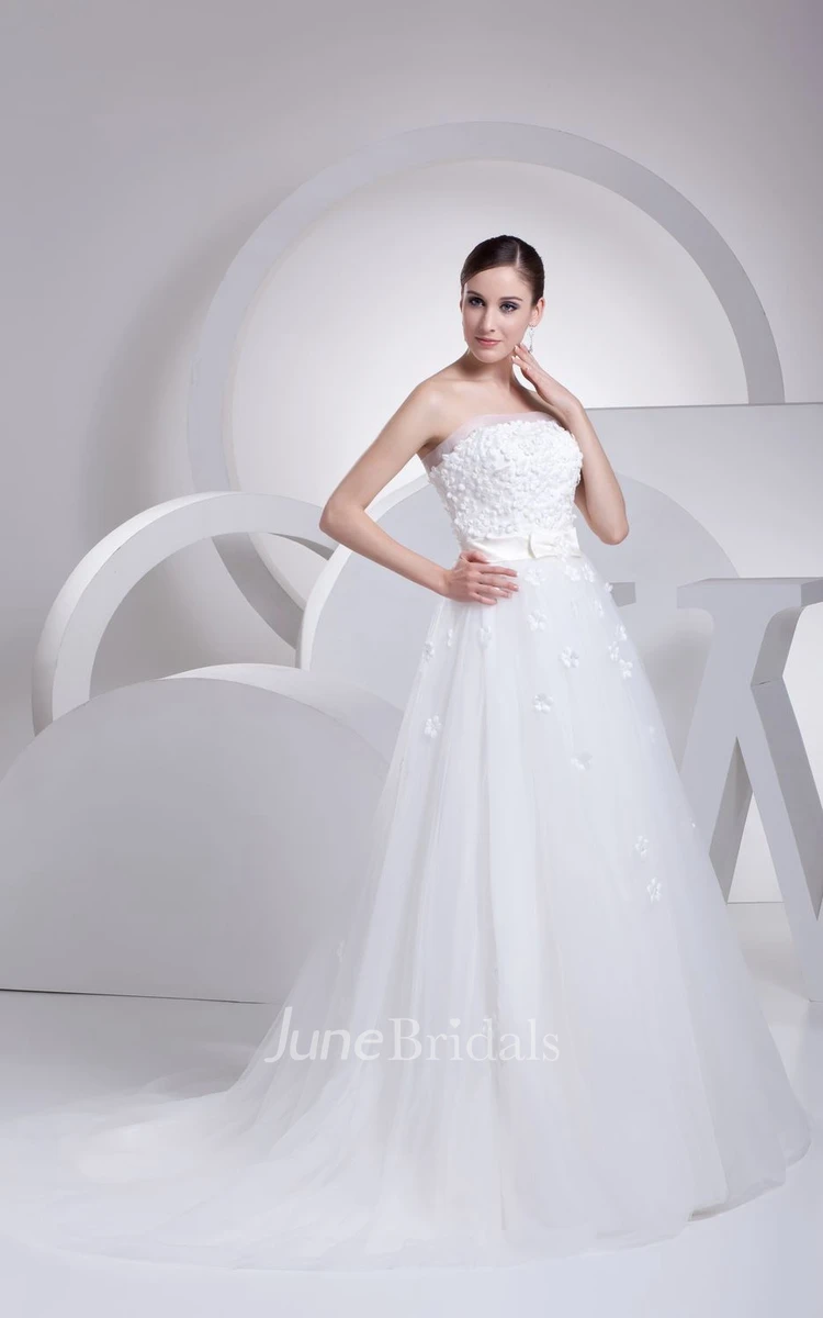 Strapless Tulle A-Line Dress With Ribbon and Flower