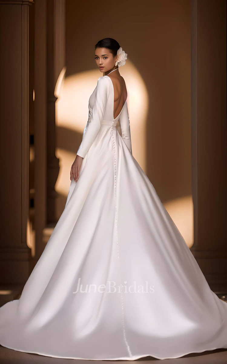 Simple Solid Satin A-Line Long Sleeve V-neck Wedding Dress Vintage Elegant Court Floor-length Button Deep-V Back Bridal Gown with Sash Train