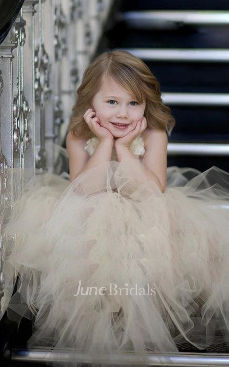 Halter Pleated Champagne Tutu Tulle Dress With Straps