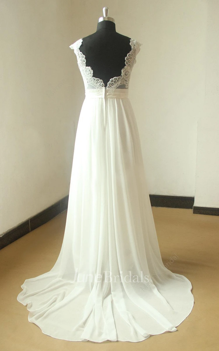 Deep V Neckline Cap Sleeve Long Chiffon Wedding Dress With Open Back and Lace Bodice