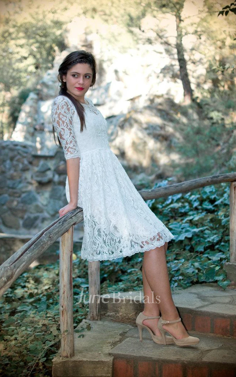 Jewel Half Illusion Sleeve A-Line Anckle-Length Lace Wedding Dress