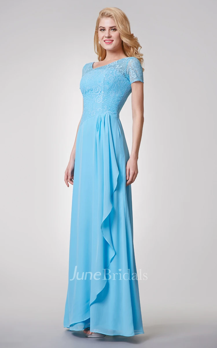Short Sleeve A-line Long Chiffon Dress With Side Draping
