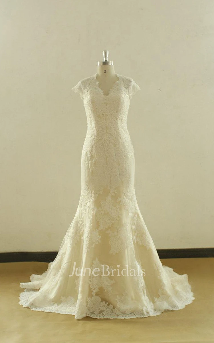 Queen Anne Cap Sleeve Keyhole Back Sheath Long Lace Wedding Dress