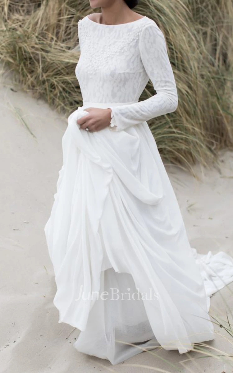 Simple Lace and Chiffon Bateau A Line Sweep Train Wedding Dress with Ruching