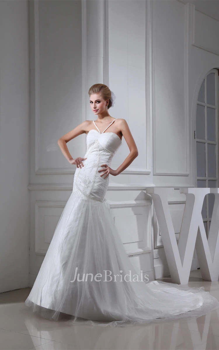 Spaghetti-Straps Ruched Mermaid Tulle Dress with Appliques