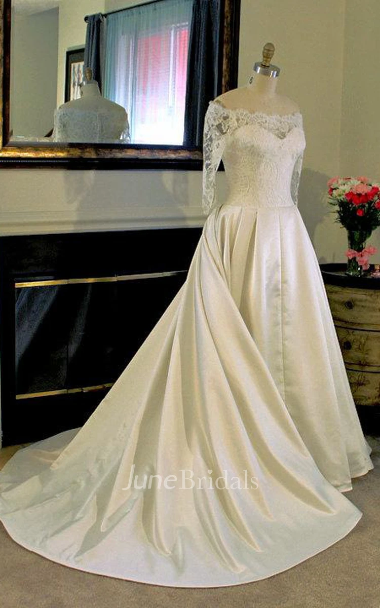 Off-The-Shoulder Lace Satin Floor-Length Dress With Court Train