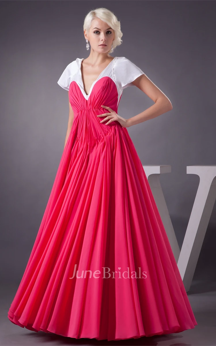 Plunged Short-Sleeve A-Line Gown with Pleats