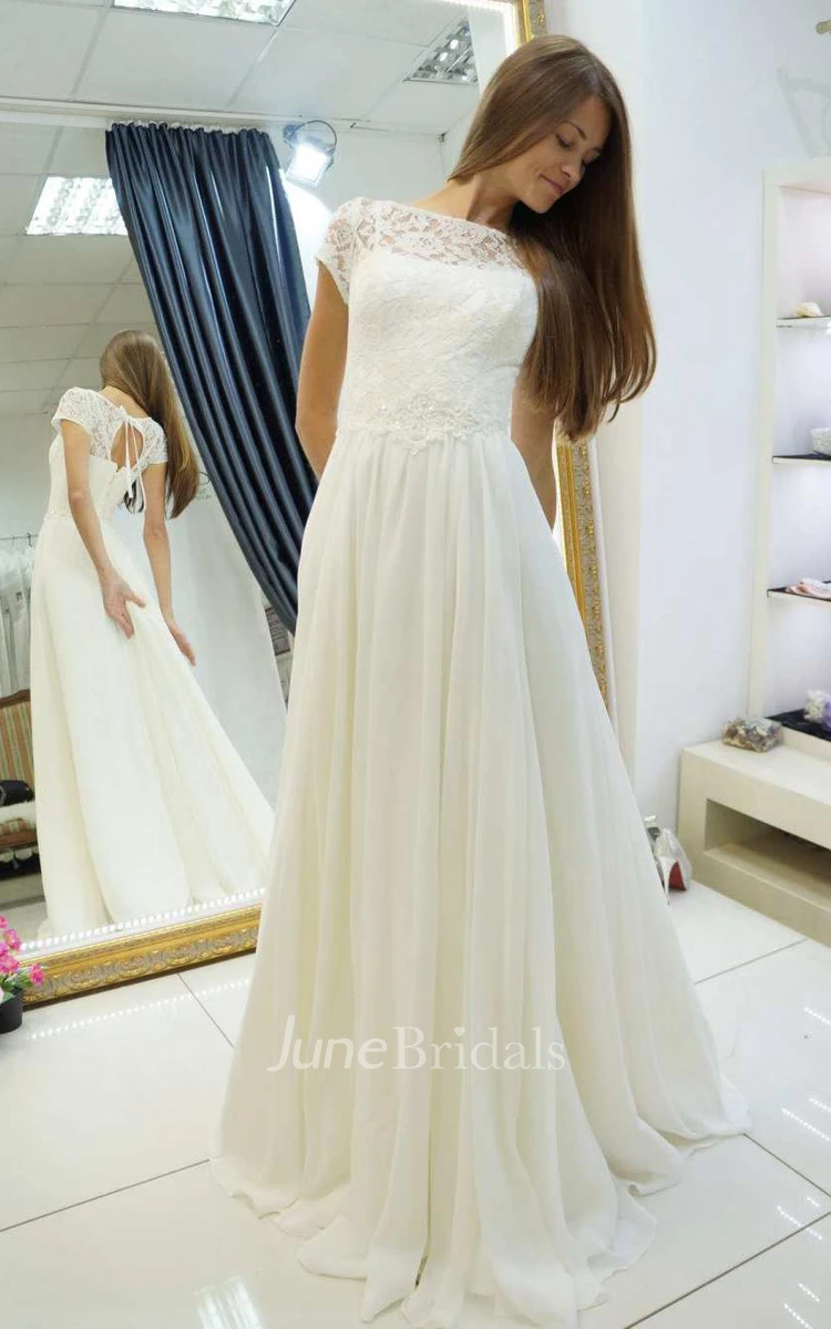 Bateau Short Sleeve A-Line Chiffon Wedding Dress With Lace Top And Corset Back