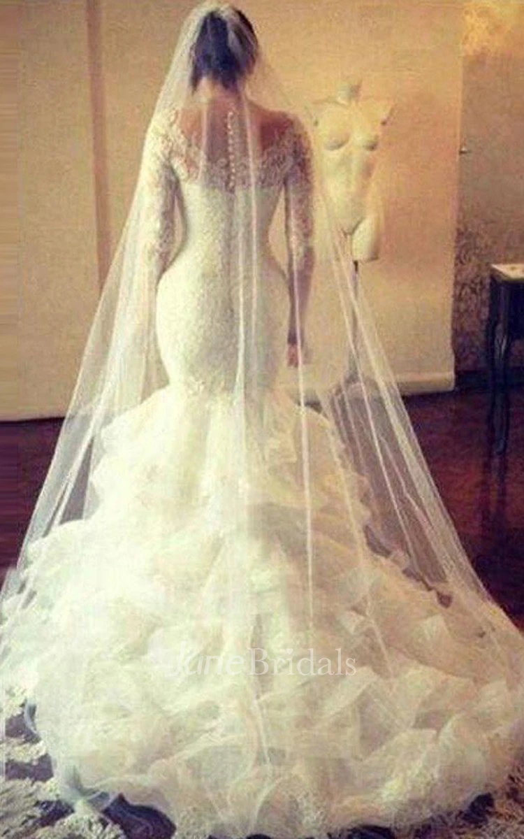 Mermaid Scoop Long Sleeves Lace Court Train Tulle Wedding Dresses