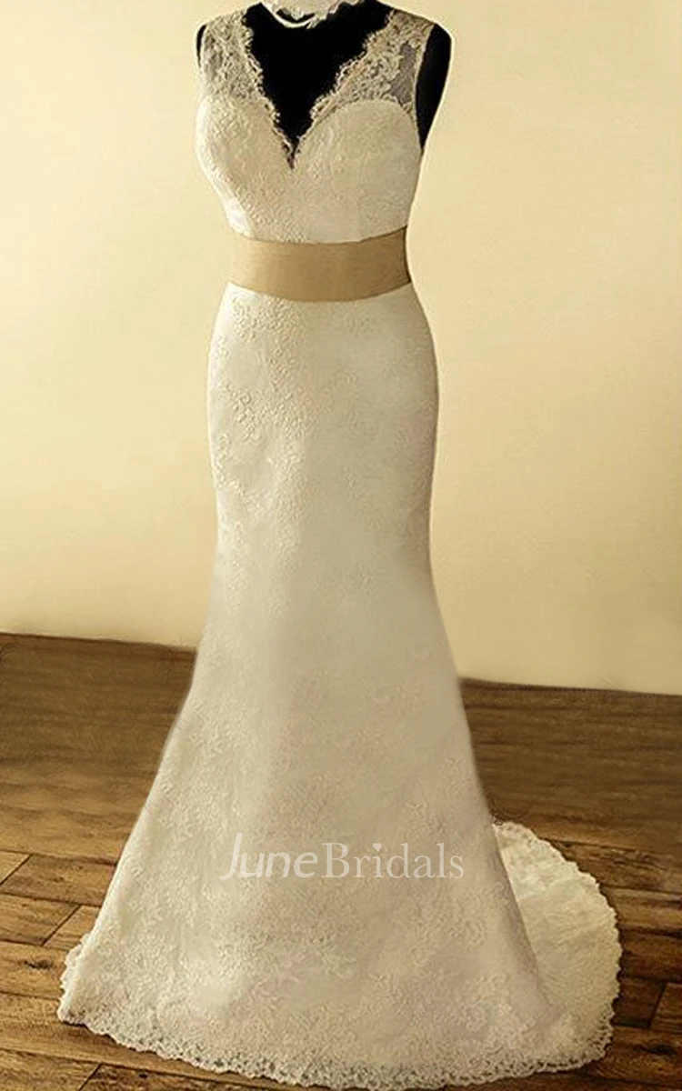 V-Neck Sleeveless Deep-V Back Sheath Lace Wedding Dress With Sash And Flower