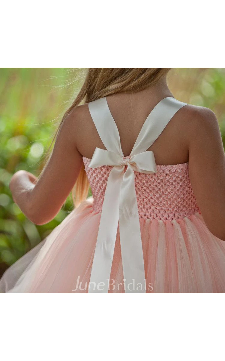 Lovely Blush Flower Bodice Ball Gown Tulle Dress With Bow Back
