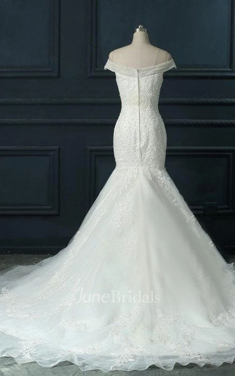 Off-The-Shoulder Tulle Lace Organza Satin Dress With Appliques