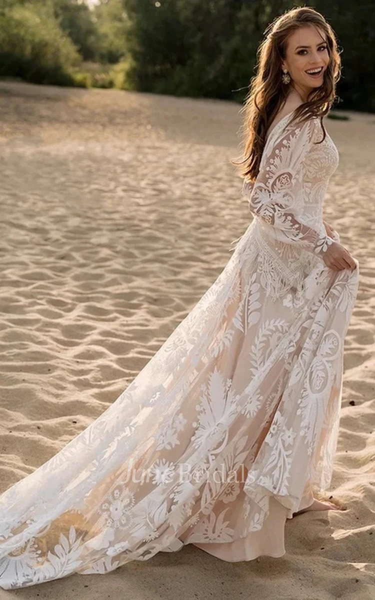 Western Modest Boho A Line Lace Long Sleeve Fall Wedding Dress Floral Elegant Elopement Casual Plunging Court Train Barn Bridal Gown with Fringe June Bridals