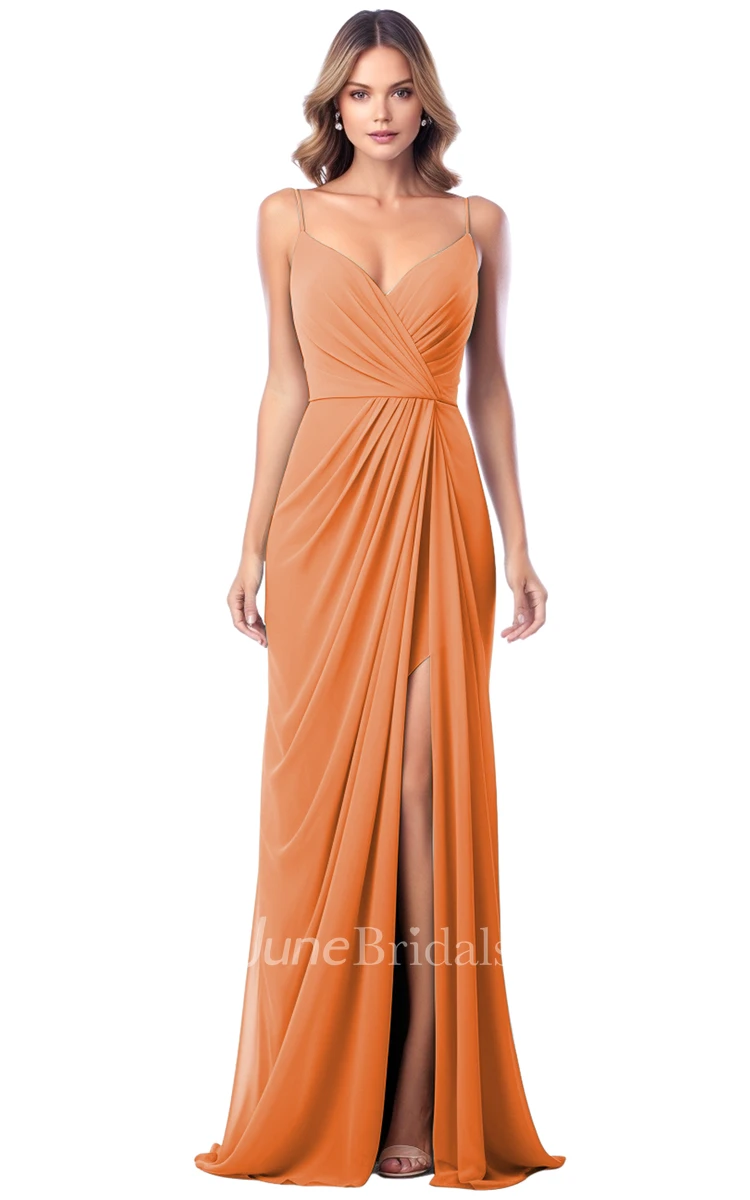 Simple A-Line Spaghetti V-neck Satin Bridesmaid Dress with Split Front