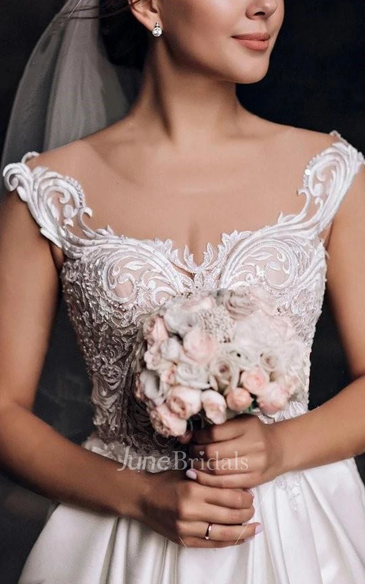 Simple A Line Satin Lace Jewel Sleeveless Wedding Dress with Ruffles