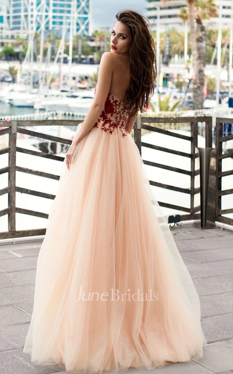 Bohemian Lace Tulle Strapless A Line Sleeveless Prom Dress with Appliques