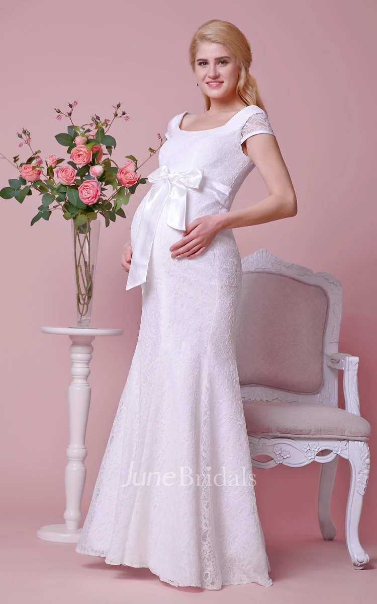 Allover Lace Cap-sleeved Sheath Maternity Wedding Dress With Squared Neck and Back
