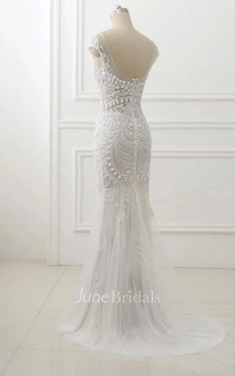Trumpet Cap Sleeve Tulle Dress With Beading&Sequins
