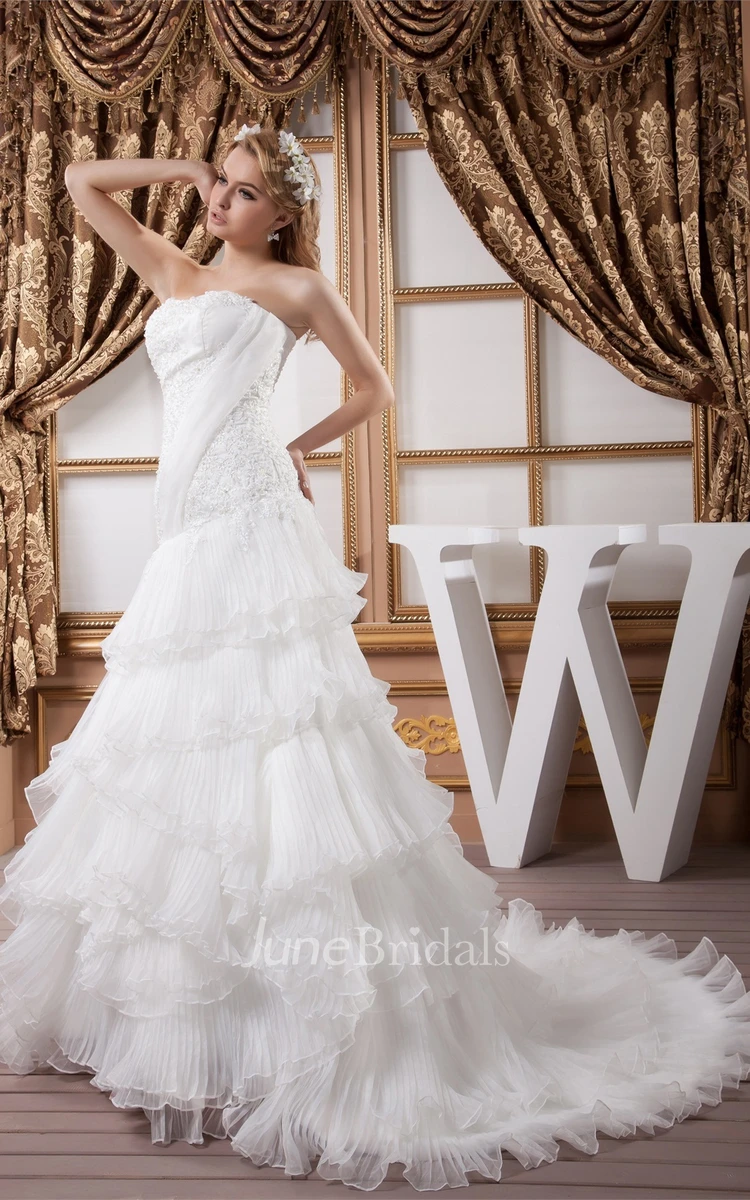 Strapless Ruffled A-Line Gown with Pleats and Appliqued Bodice