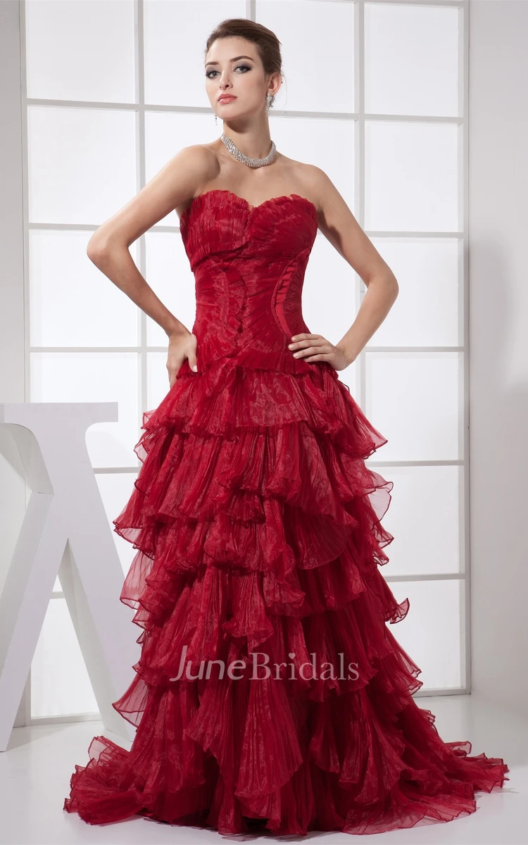 Flamboyant Sweetheart Ruched Dress with Tiers and Sweep Train