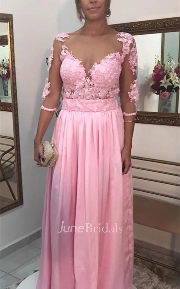 Timeless Lace Appliques Pink Evening Dress 3 4-Length Sleeve A-line