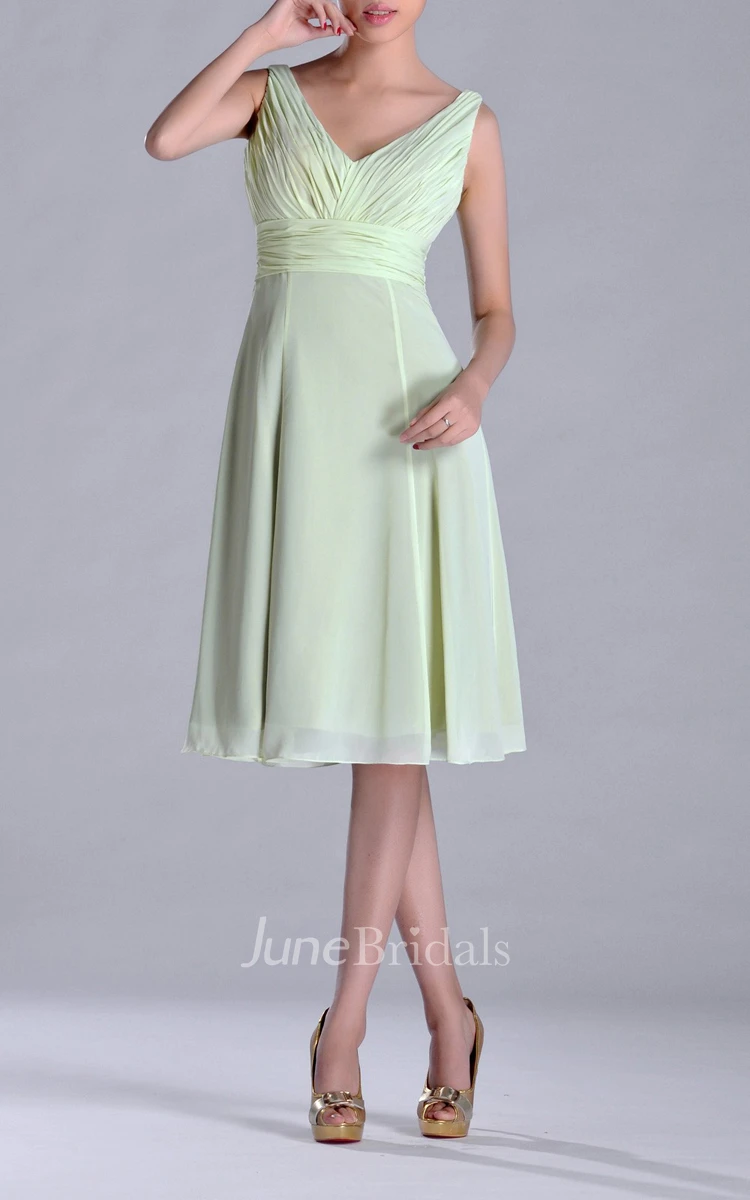 Knee-length V-Neckline Empire Chiffon Bridesmaid Dress With Deep-V Back Style