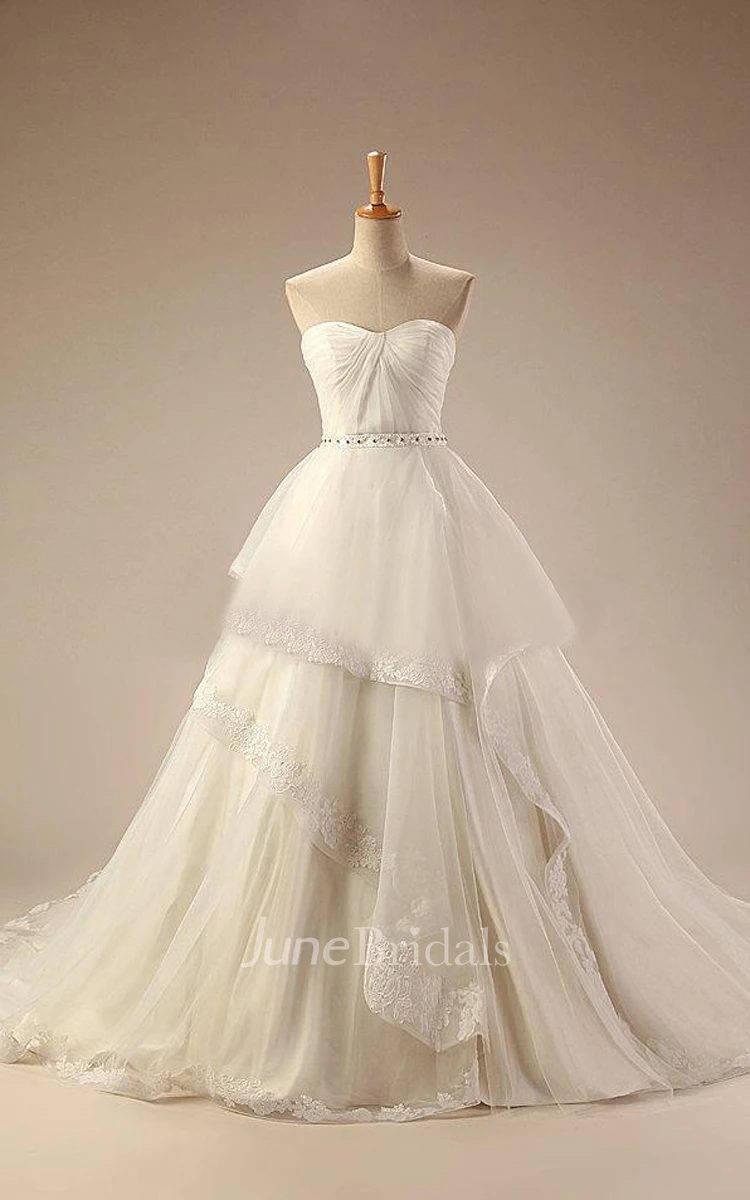 Sweetheart Empire Backless Long Tulle Wedding Dress With Sash And Ruching