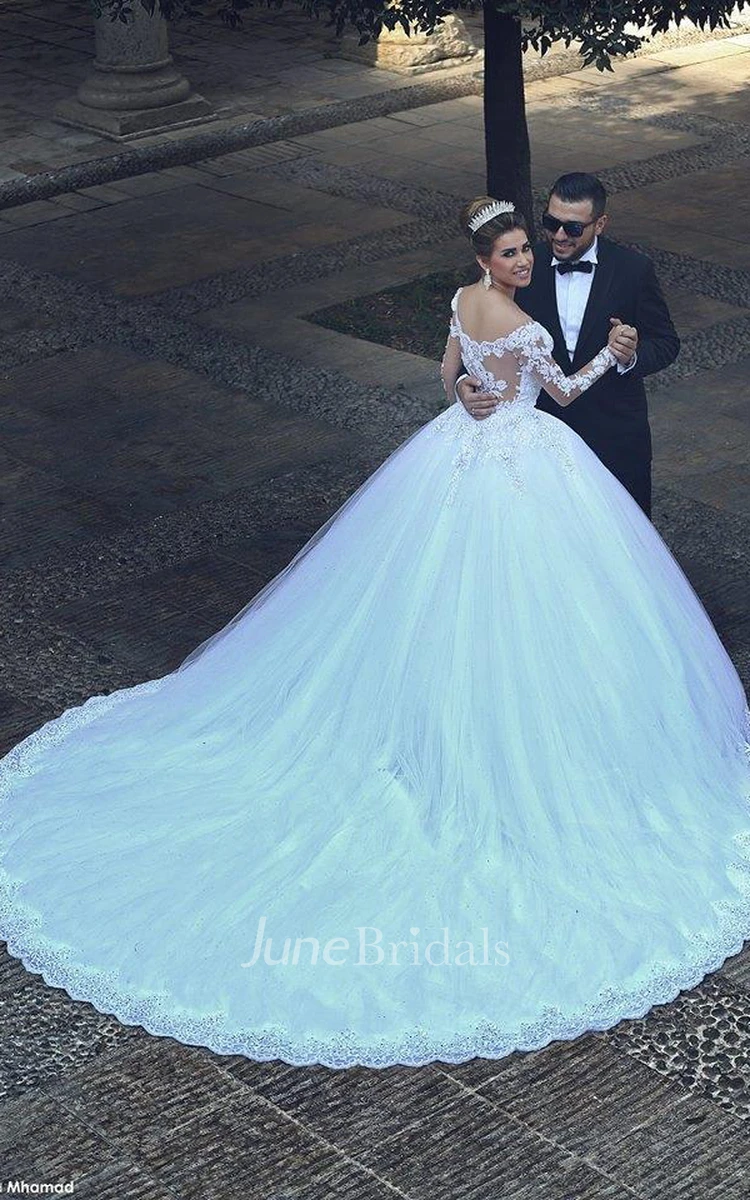 Gorgeous Long Sleeve Lace Ball Gown Wedding Dress With Train on Sale