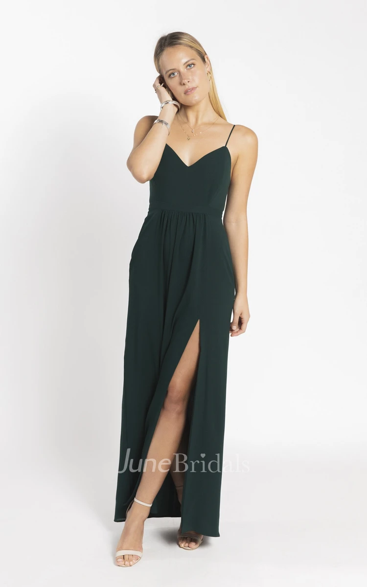 Simple Spaghetti Straps V-neck And Open Back Bridesmaid Dress With Front Split