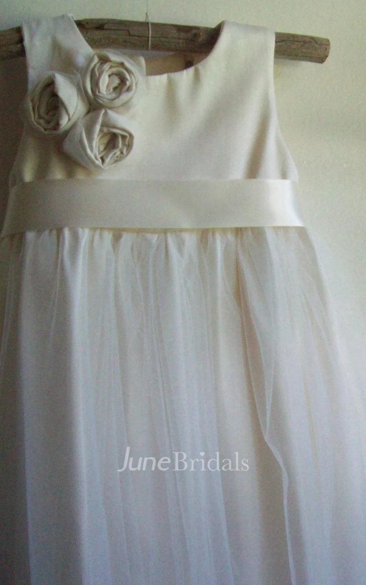 Sleeveless Tulle Dress With Flower&Button