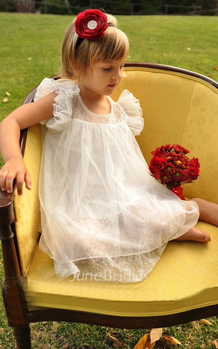 Ruffled Short Sleeve Tulle Dress With Lace Detailing