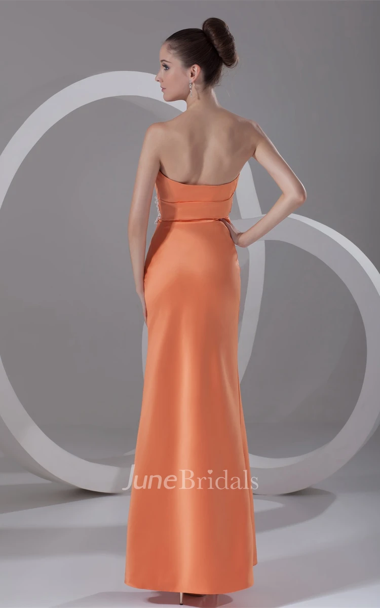 strapless ankle-length ruched satin dress with appliqued waist
