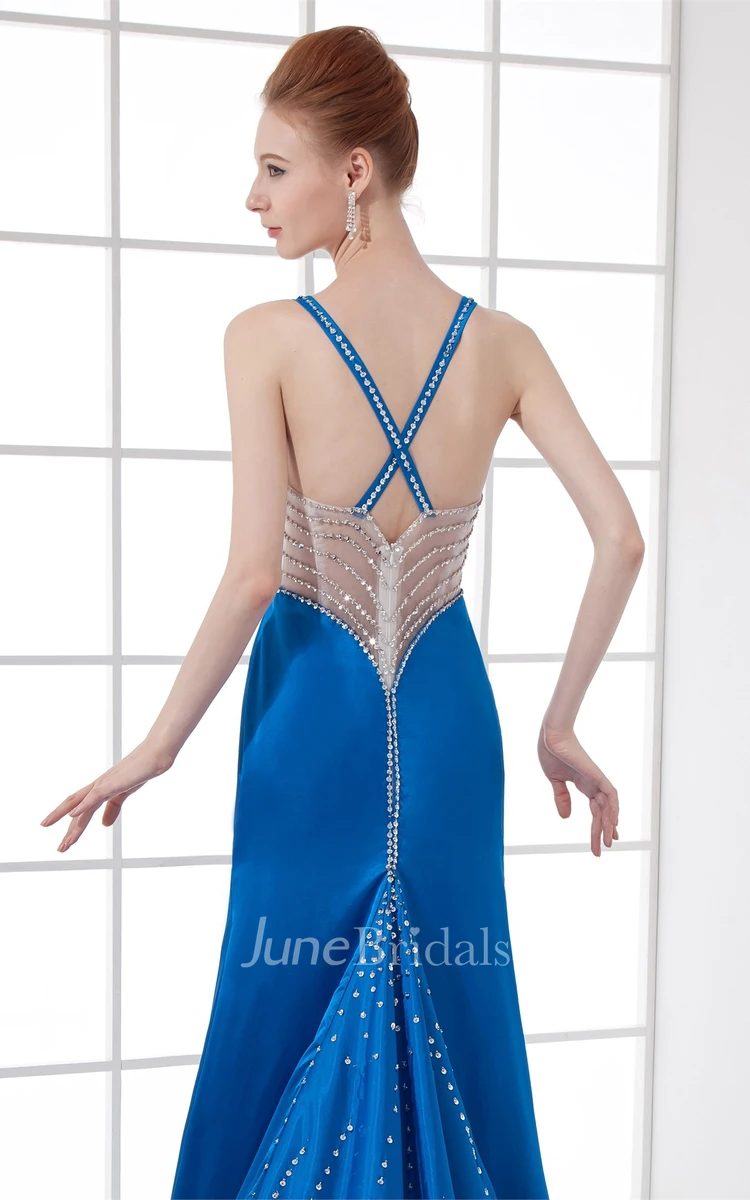 Glossy Sleeveless Maxi Dress with Beading and Illusion