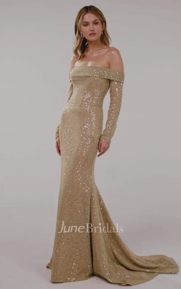 Modern Mermaid Off-the-shoulder Sequins Prom Dress With Long Sleeve And Open Back