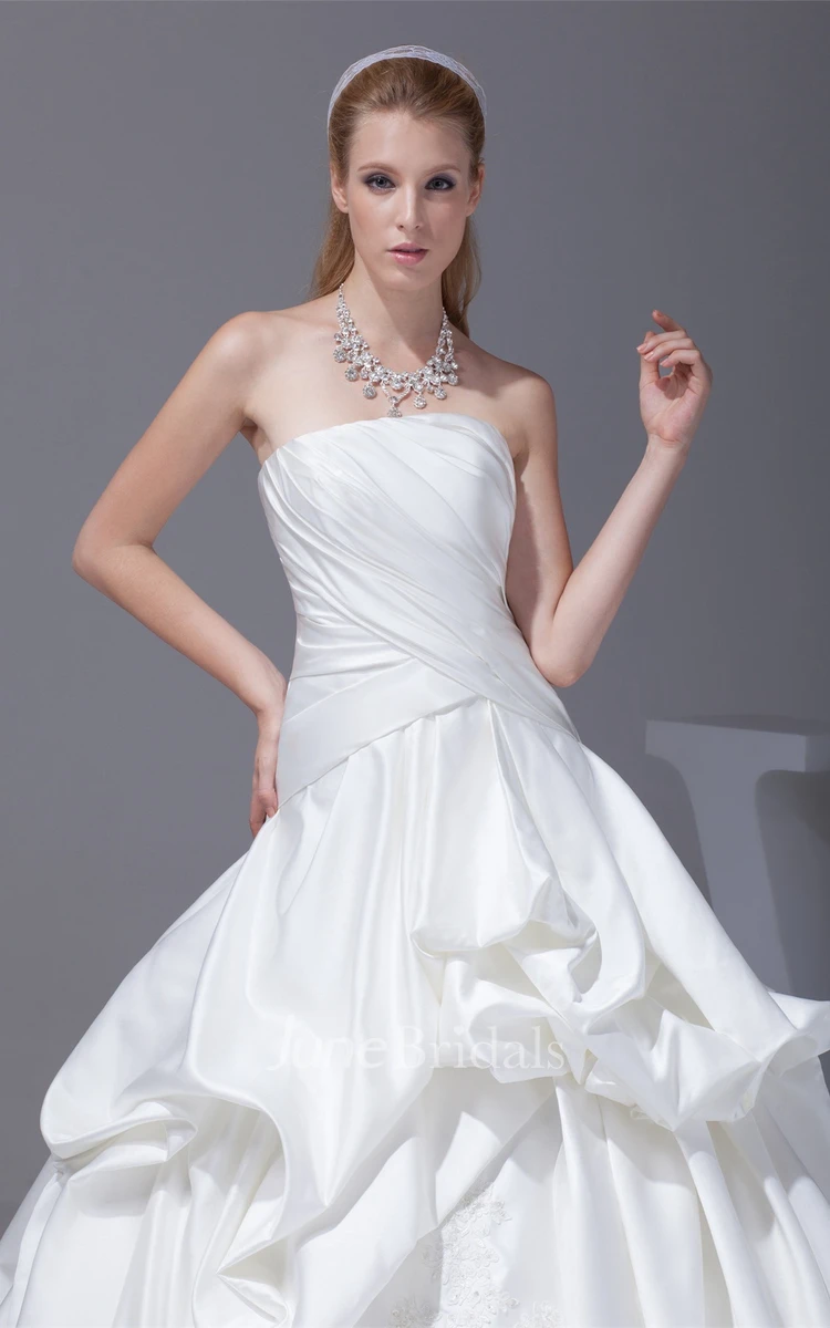 Ruched Criss-Cross Strapless Bodice Gown with Ruffles and Embellishment