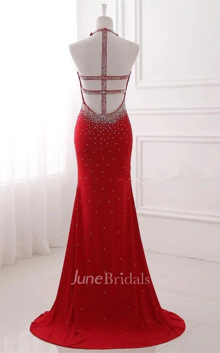 Mermaid Sleeveless Jersey Dress With Beading And Open Back