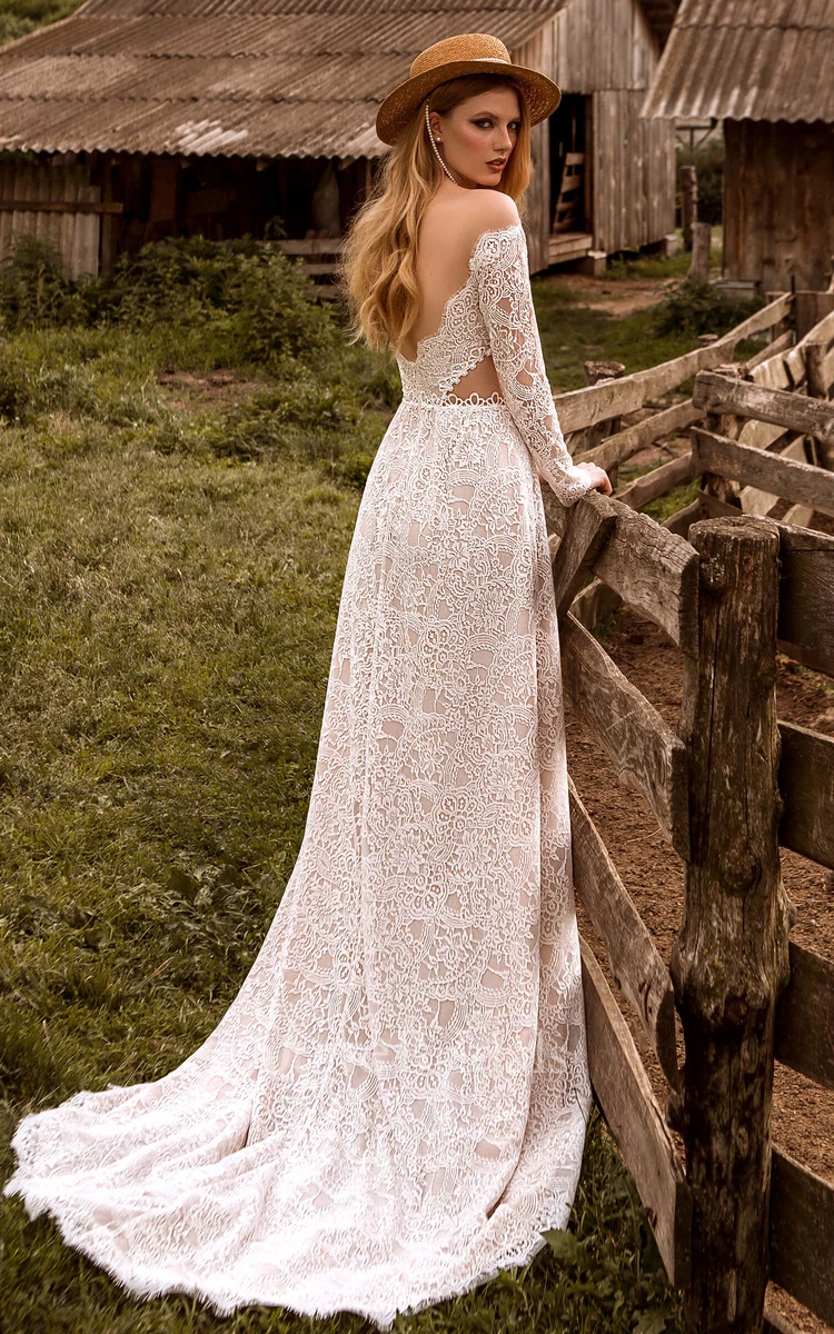V-neck A-Line Lace Elegant Beach Wedding Dress With Open Back And Long Sleeve